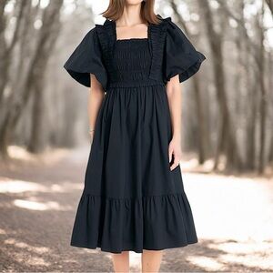 English Factory Women’s Black Puffed Sleeves Midi Ruffle Dress Sz 1X
